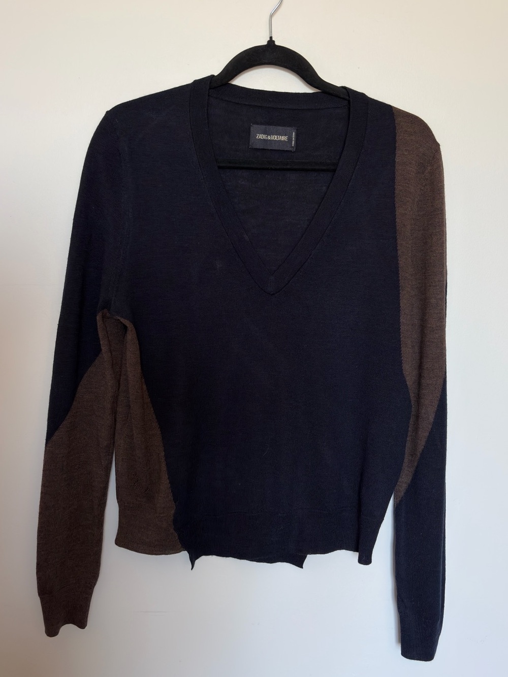 Zadig & Voltaire Merino Wool Brown and Blue Contrasting V-neck Sweater - Small